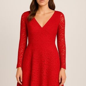 VERA WANG | Red Lace Double V-Neck Long Sleeve Dress